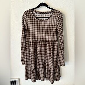 SO Plaid Long Sleeve Dress - Black and Tan
